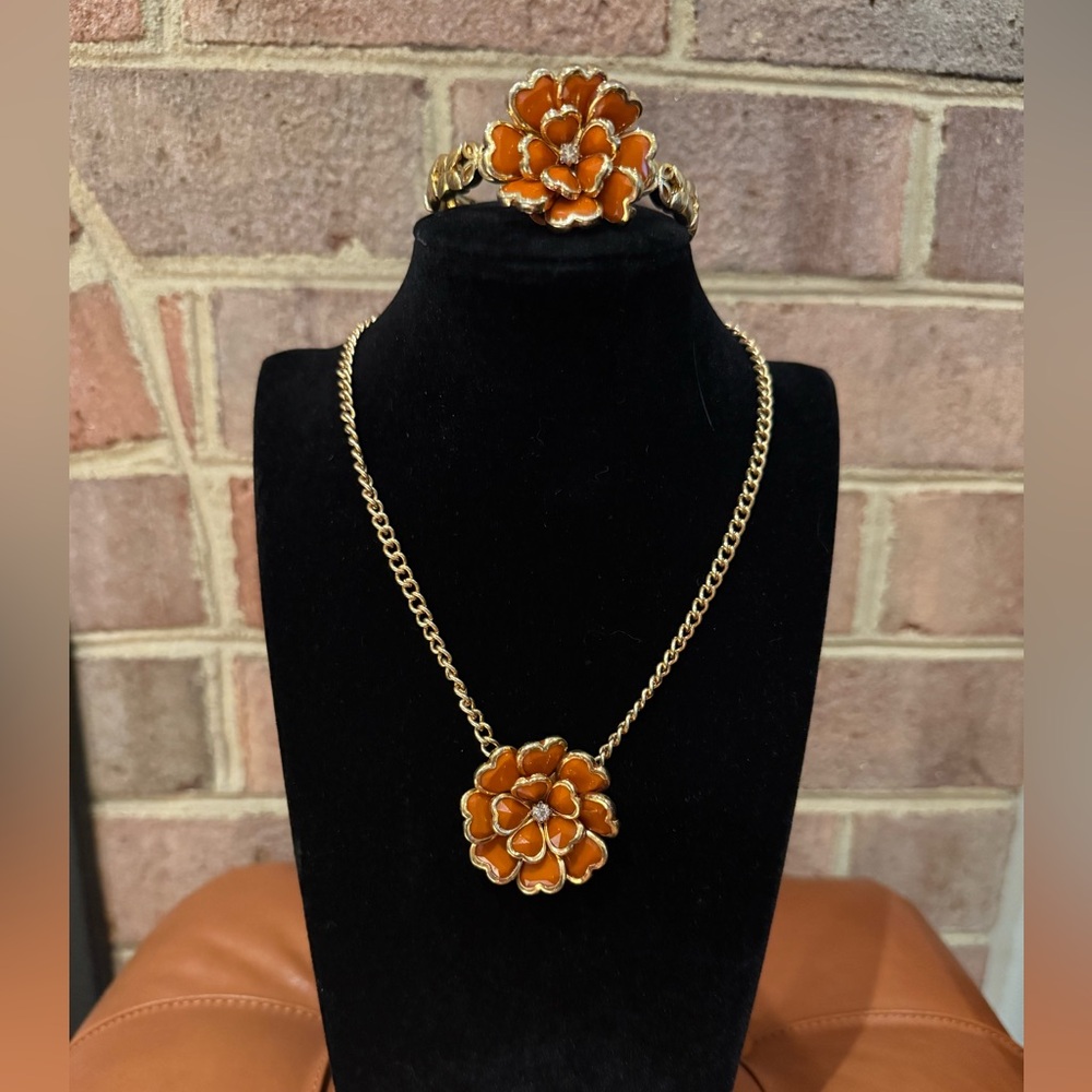 Gold and Orange Floral Necklace and Bracelet Set